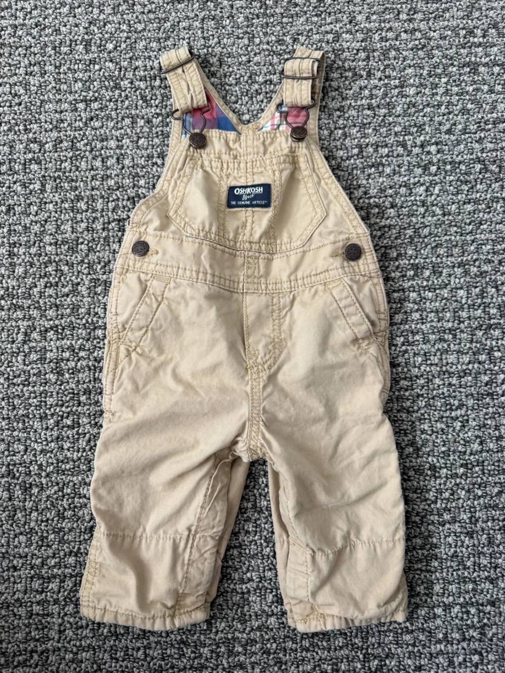 OshKosh B'gosh Khaki Baby Overalls with Plaid Lining